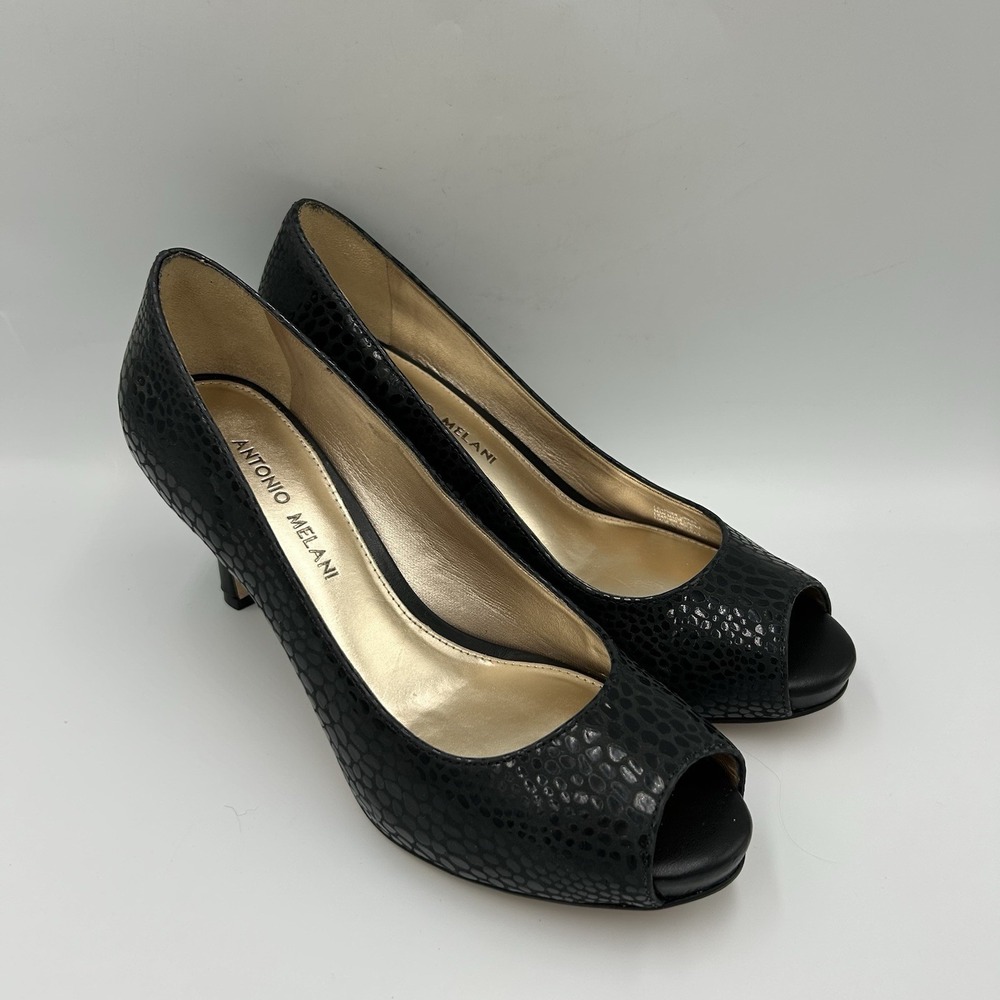 Antonio‎ Melani Black Snakeskin Peep-Toe Heels 7.5 M